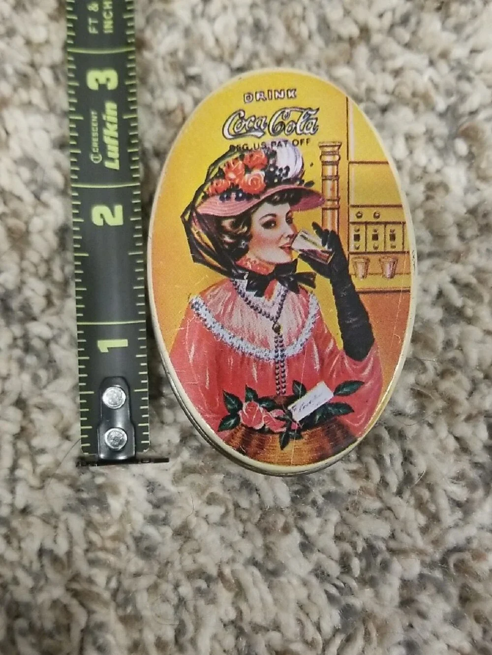 Coca Cola Vintage Lady Oval Sewing Kit Tin in Yellow and Pink